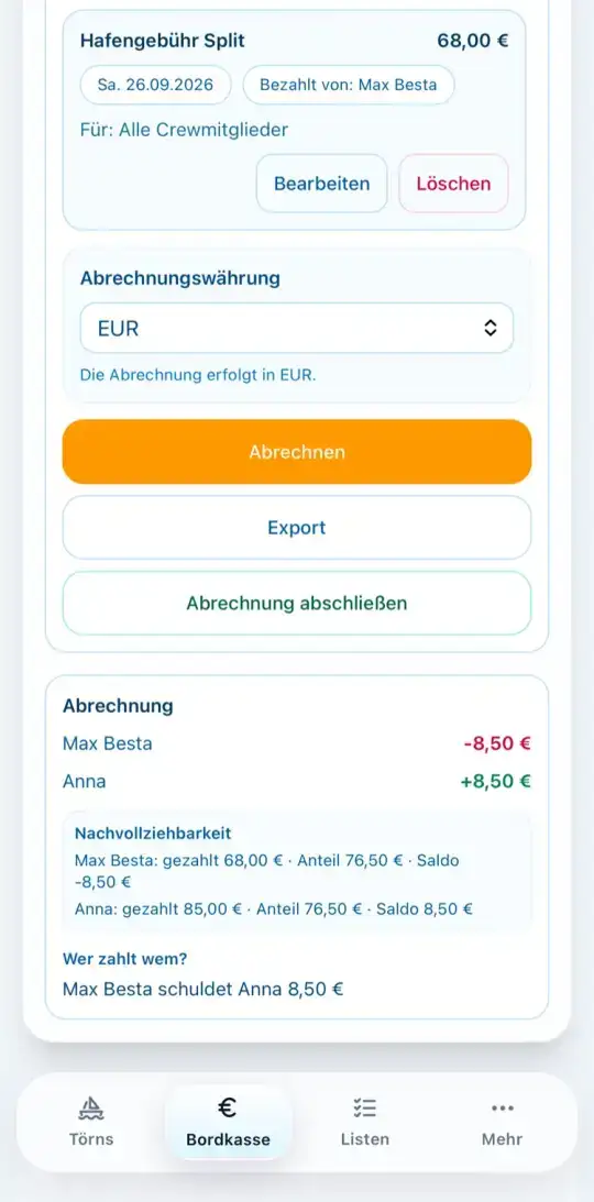 Abrechnung der Bordkasse