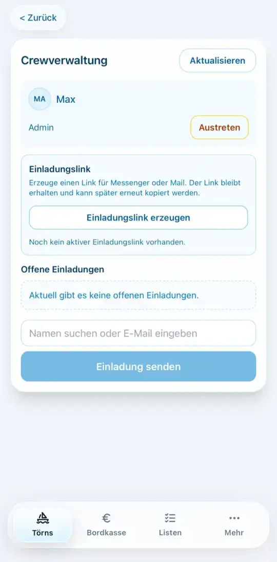 Crewverwaltung mit Einladungslink