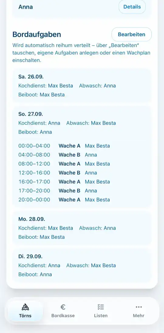 Bordaufgaben mit Wachplan