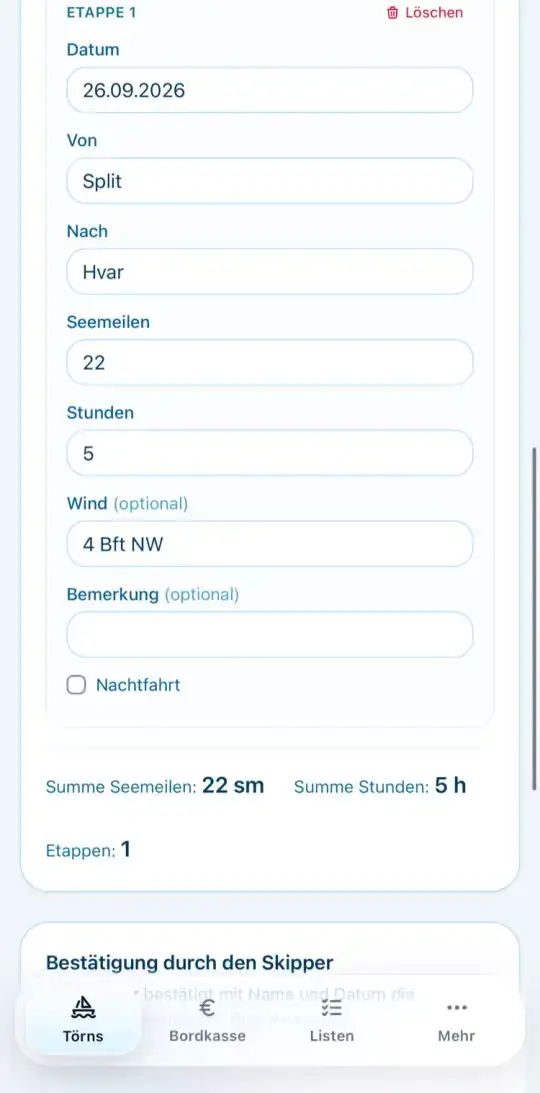 Etappe im Meilenbuch