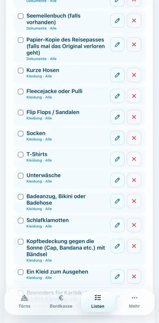 Crew-Packliste mit Einträgen