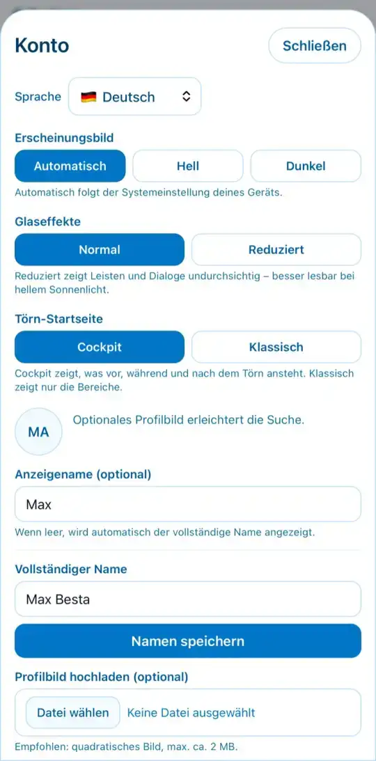 Profil mit Sprache und Name