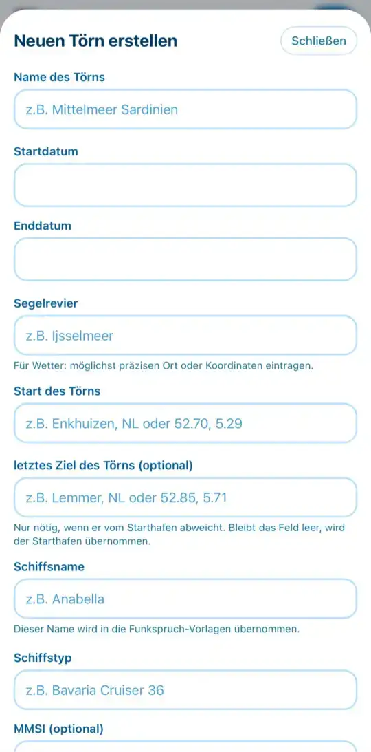 Formular für einen neuen Törn