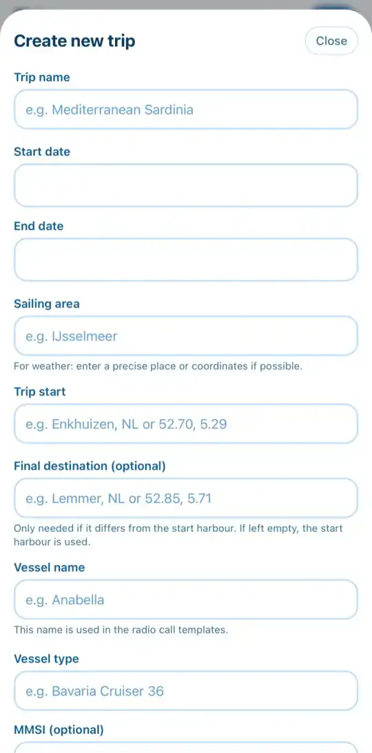 Form for a new trip